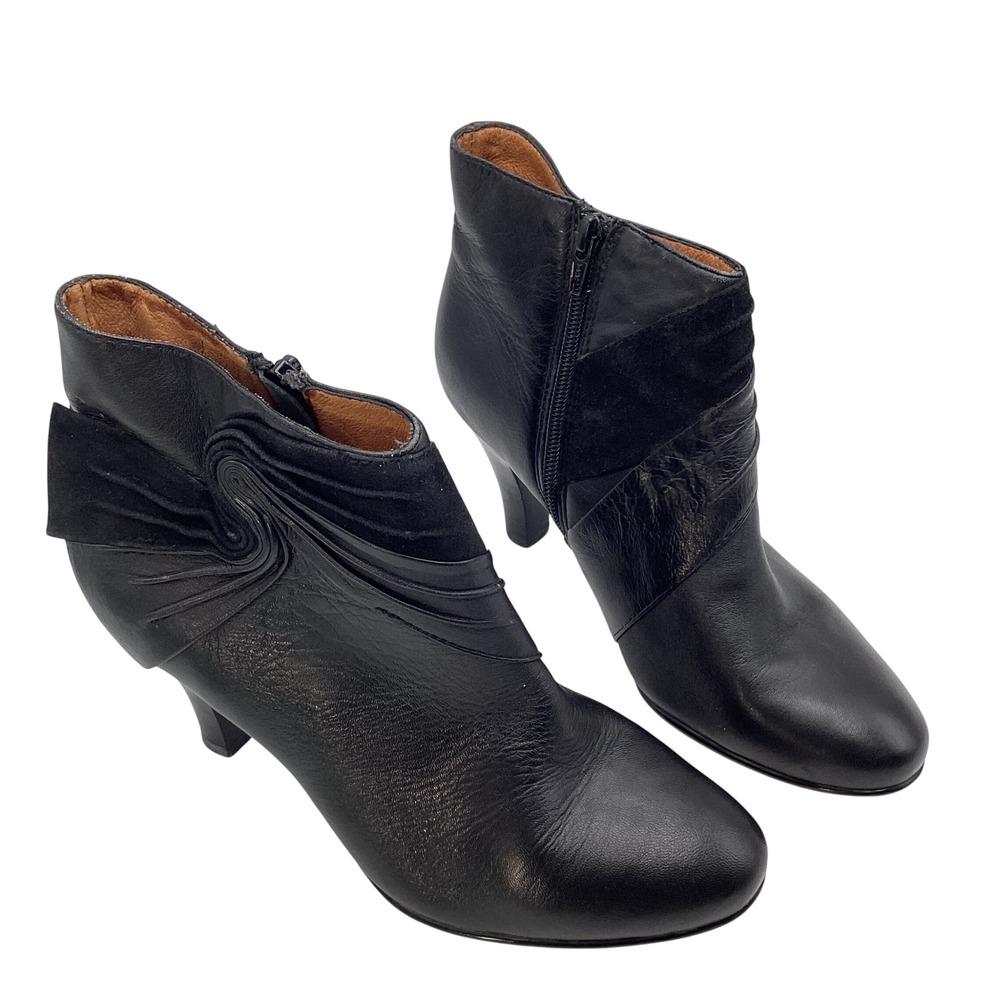 Sofft Womens Black Leather Suede Pleated Bow Ankle Boots Kitten Heel Booties
